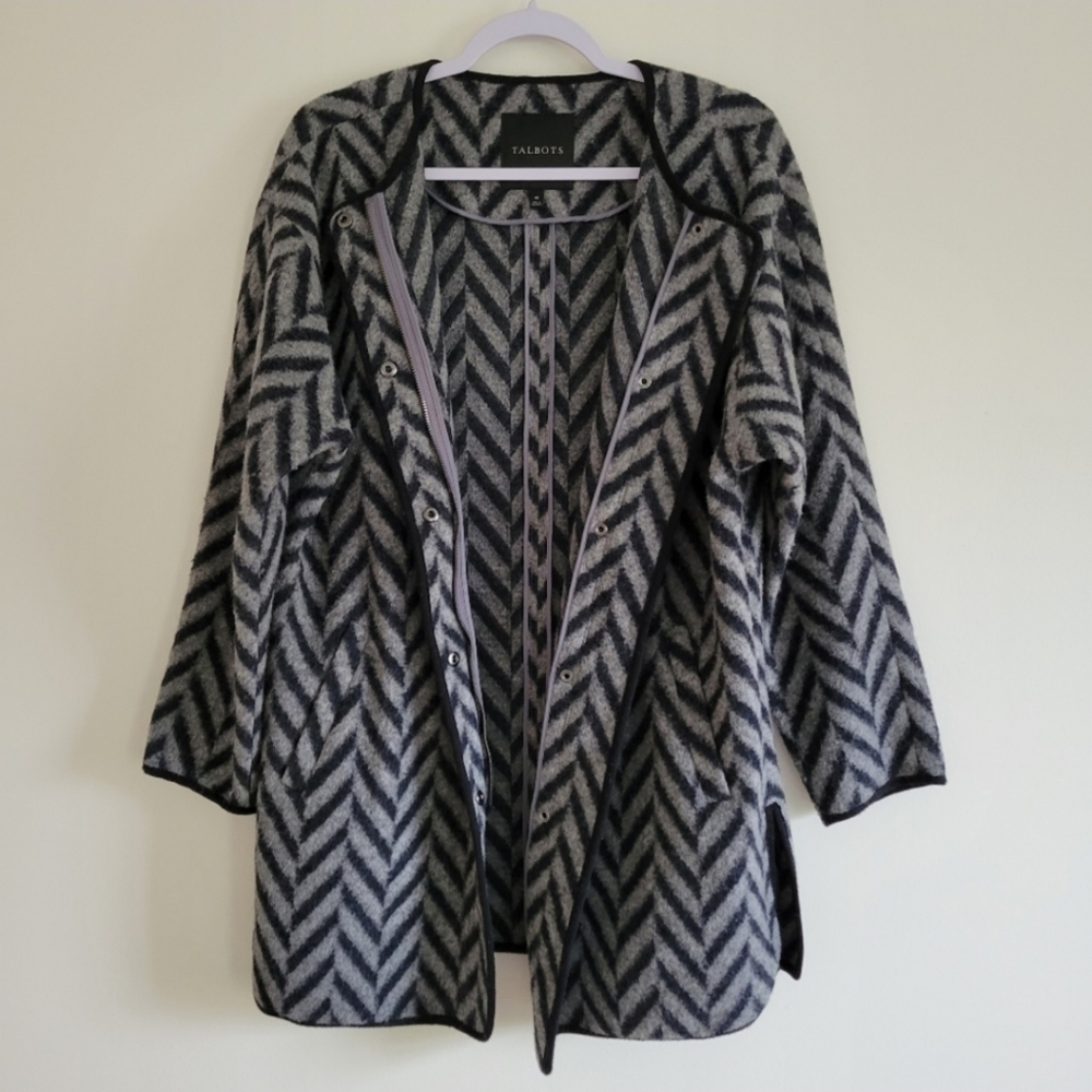 Talbots Women Wool Blend Jigjag‎ Gray Black Casual Jacket Coat M